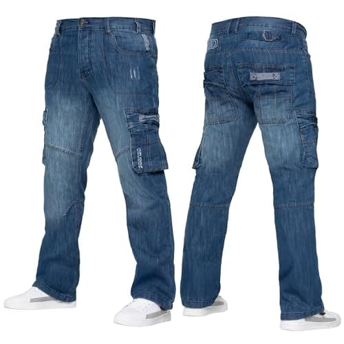 Image of 989Zé ENZO Mens Cargo Combat Jeans Casual Cotton Denim Straight Leg Pants Trousers Blue 32W / 30L