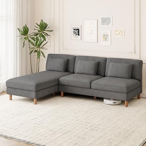 Image of Vesgantti Corduroy 3 Seater Sofa with Convertible Chaise Lounge, 249cm L-Shaped Corner Couch with 3 Extra Pillows, Perfect for Living Room, Bedroom, Office, Tool-free Assembly, Grey