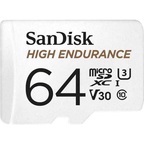 Image of SanDisk HIGH ENDURANCE Video Monitoring for Dashcams & Home Monitoring 64 GB microSDXC Memory Card + SD Adaptor, Up to 100 MB/s read and 40 MB/s Write, Class 10, U3, V30, White