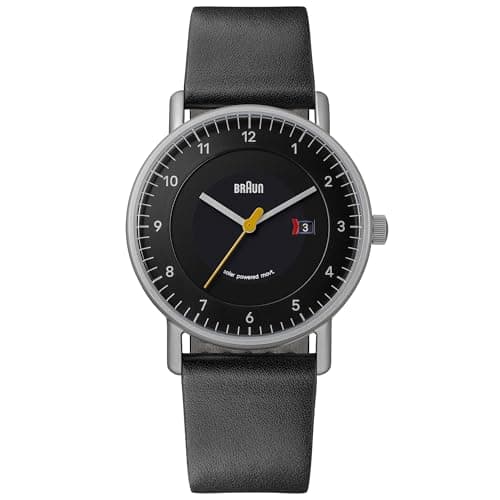 Image of Braun Mens 3-Hand with Solar Powered Date Analogue Quartz Watch, Black Dial and Black Leather Strap, 40mm Stainless Steel Case, Model BN0301BKSLBKG