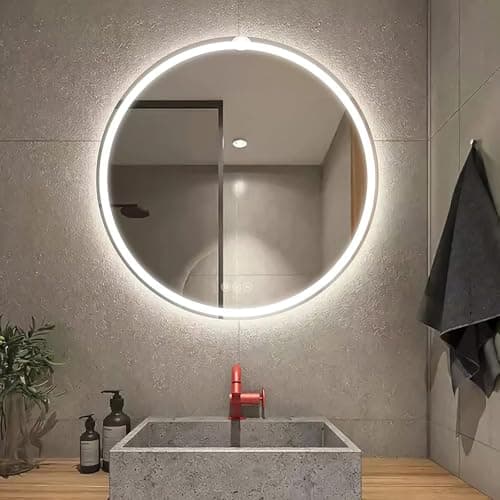 Image of AI-LIGHTING 500mm Round Bathroom LED Mirror Illuminated Backlit Bathroom Circle Mirror with LED Lights for Wall Touch Switch Demister 3 LED Light Color Dimmable