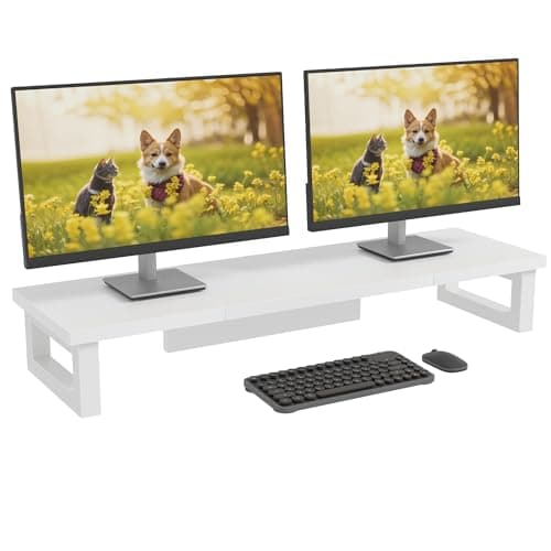 Image of OYRREU Dual Monitor Stand, 91x26cm Desk Shelf Double Monitor Riser for Laptop PC Computer Screen Monitor Stand Desktop Organiser for Working Gaming, White