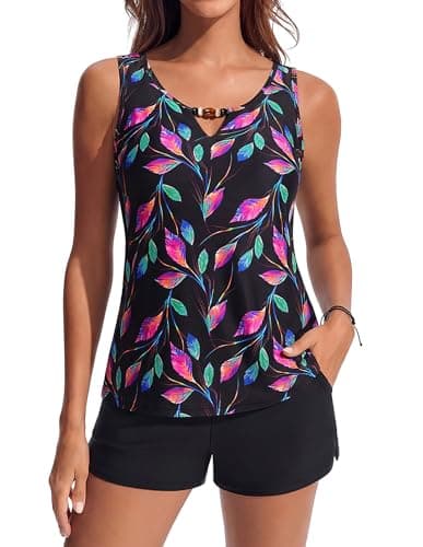 Image of Hanna Nikole 2026 Tankini Swim Top Built in Bra and High-Waisted Bottom,Swimwear with Bra Support and High Back Purple Gradient Leaf Medium