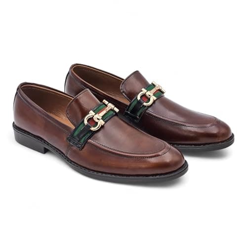 Image of PELLEVERO - Italy Men's Italian Leather Loafers, Classic Horsebit Design - Monarch Avenue (Dark Brown, UK Footwear Size System, Adult, Men, Numeric, Medium, 9)