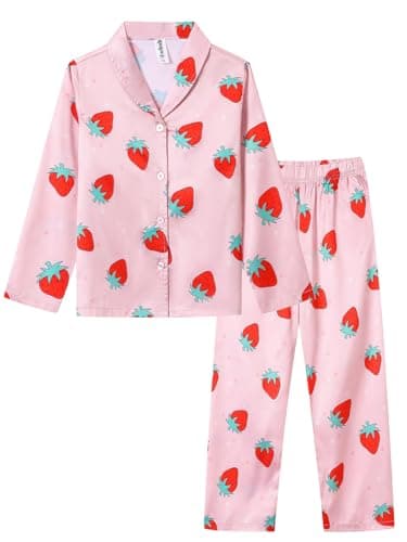 Image of Ewbob Girls Silk Satin Pyjamas Set Long Sleeve Button-Down Kids PJs Breathable Soft Nightwear Children Sleepwear Age 5-14(C16-005)-Pink Strawberry-13-14Y