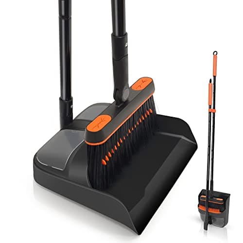 Image of Dustpan and Brush Set Long Handled, JEHONN Tall 180 Degree Rotating Sweeping Brush, Household Dust Pan with Comb Teeth for Indoor Outdoor Garden Home Room Kitchen Office Lobby, Orange and Black