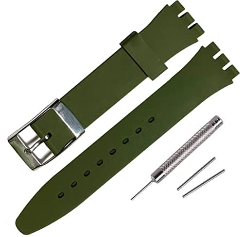 Image of Rihahisy Silicone Rubber Watch Strap/Watch Band Replacement with Stainless steel silver buckle for Swatch (17mm, Army Green)