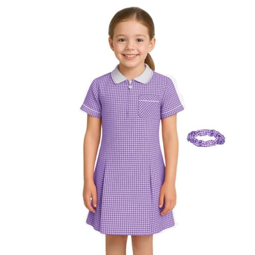 Image of SchoolStitch® Girls Gingham School Dress, Kids Short Sleeve Zip up Check Print Pleated School Uniform Girls Summer Dress with Side Pockets and Hair Bobble, Ages 3-20 Purple