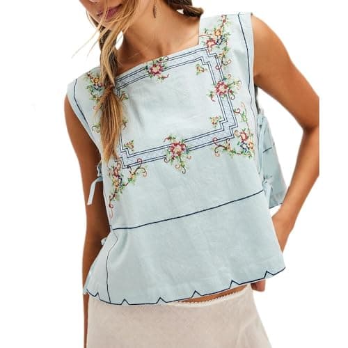Image of Women Floral Embroidery Side Tie Tank Top Crop fp Cute Sleeveless Lace Up Vest Going Out Babydoll Shirt Summer (Blue, L)