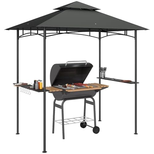 Image of Outsunny 2.4 x 1.5 m (8' x 5') Grill Gazebo Canopy with LED Lights, Double Tiered Outdoor BBQ Gazebo Shelter with 2 Side Shelves, Storage Basket and Hooks for Garden, Barbecue, Picnic, Dark Grey
