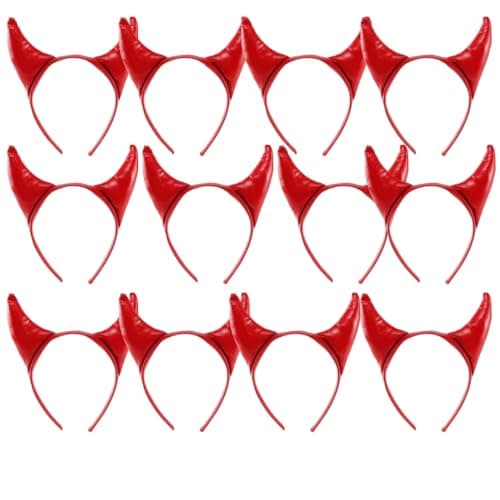 Image of Adults Red Devil Horns Headband – Halloween Fancy Dress Costume Accessory for Demon, Evil, Gothic, Horror, Cosplay & Party Outfits - 12 Pack