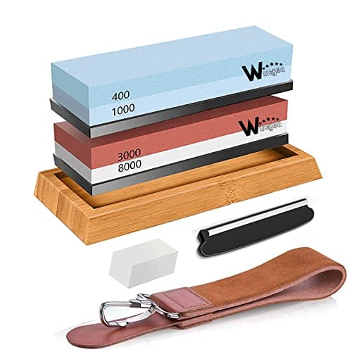 Image of Knife Sharpening Stone Kit - 400/1000 3000/8000 Grit Japanese Whetstone Sharpener Set with Non-Slip Rubber Base Angle Guide Flattening Stone and Leather Strop