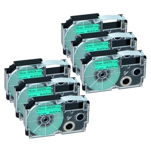 Image of NineLeaf Compatible for Casio Label Maker XR-12GN XR-12GN1 12mm x 8m Black On Green Label Tapes for Casio KL-60 100 120 200 300 750 780 820 2000 7000 7200 7400 8100 8200 P1000 Label Printers, 6PK