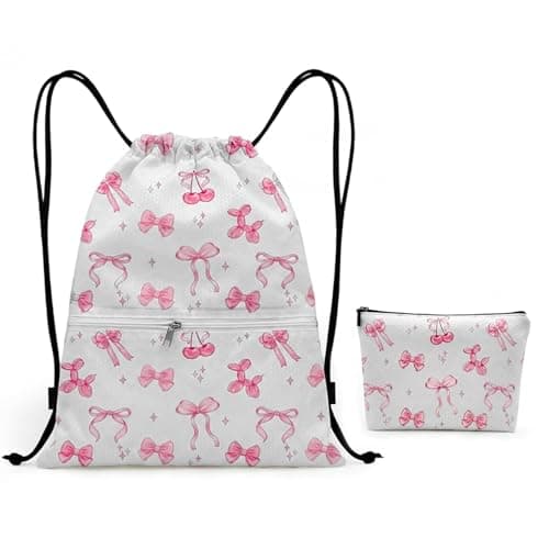 Image of nnOuOnn Bow Waterproof Drawstring Swimming Bag for Kids, Cute Bows Large Capacity Drawstring Combination Backpack Swim Gym PE Bag with Zipper for Women Girls School Travel (White)