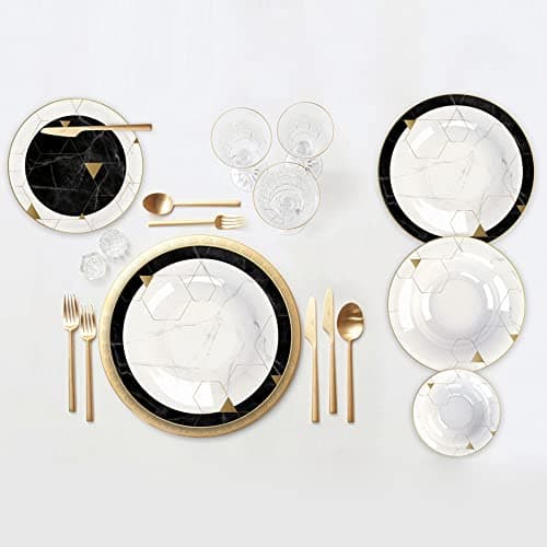 Image of Karaca Gem 24-Piece Dinner Set for 6 People, Black & White Bone China Dinnerware Sets, Scratch & Crack Resistant, Dishwasher Safe, Luxury Plate Set with Marble & Gold Geometric Design