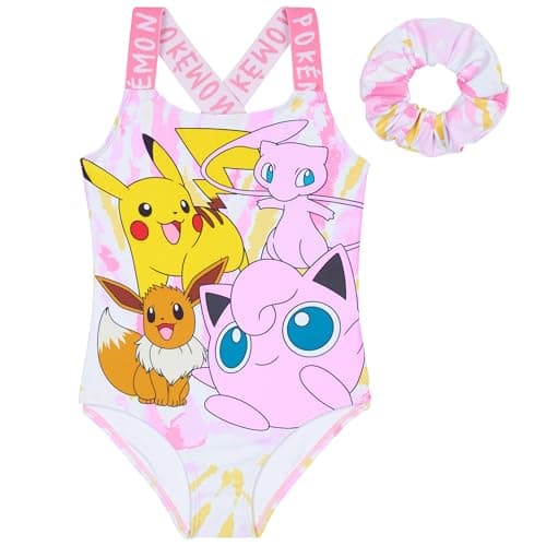 Image of Pokemon Girls Swimming Costume Swimsuit with Hair Scrunchie Pikachu One Piece for Kids Teens Anime Swimwear for Pool Beach Holiday Essentials (5-6 Years, Pink)