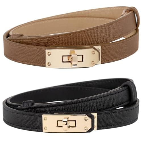 Image of AlGuirnex 2 Pack Women's Slim Belts Adjustable PU Leather Waist Belt (55-95cm), Gold Alloy Buckle, Ladies Thin Waistband Decorative Belt for Dresses Jean Trousers Coats (Black & Brown)