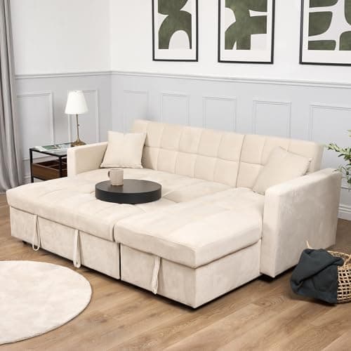 Image of Bravich Milo Corner Sofa Bed with Storage – Luxury Velvet Feel L-Shaped Pull Out Sofa Bed | Reversible Chaise, Double Guest Bed, Space Saving Storage Sofa for Living Room & Apartments – Cream
