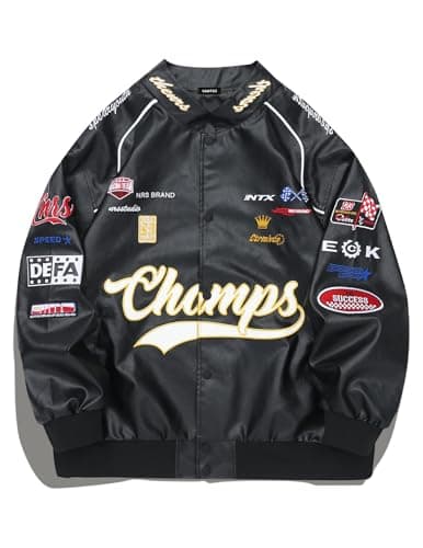 Image of Vamtac Faux Leather Motocross Jackets Oversized Vintage Racing Varsity Bomber Coat Unisex Trendy Streetwear, Black, S