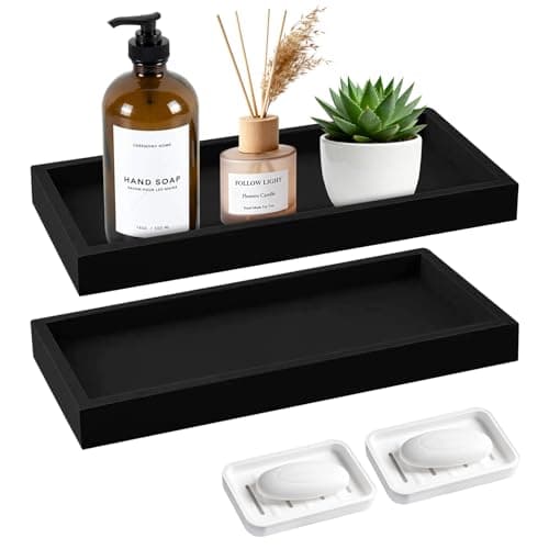 Image of 2 Pcs Bathroom Vanity Tray with 2 Soap Tray, 20 × 10 cm Black Rectangular Silicone Decorative Tray for Storage Perfume, Candles, Soap, Dressing