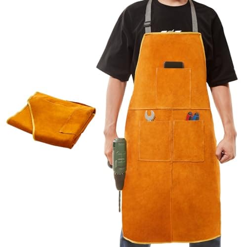 Image of CROWNSHOP Tool Aprons Work Apron 62.5X88cm Leather Welding Work Aprons Heat and Flame Resistant with 3 pockets Woodworking Fireproof Canvas Apron Heavy Duty Workshop Aprons for Welders and Blacksmiths