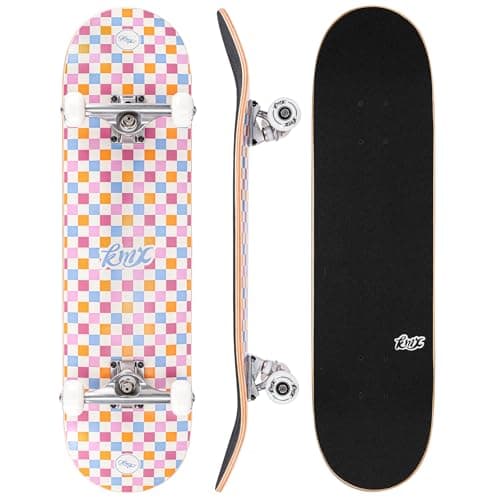 Image of KMX Complete 31" x 8" Skateboard for Beginners, 7-Layer Canadian Maple Double Kick Concave Deck| Aluminum Alloy Trucks | 31 Inch Skate Board for Girls, Kids, Teens, Adults(Pink Checkered Rainbow)
