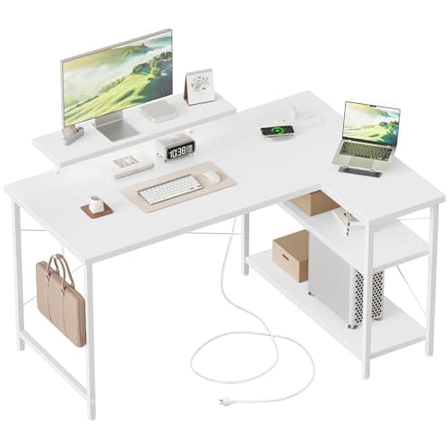 Image of Mericonia Small L-Shaped Desk with LED, 120x70cm Computer Desk with Monitor Stand, Reversible Corner Desk for Home Office, White