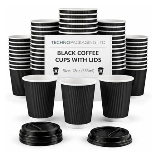 Image of 12 oz Black Disposable Kraft Paper Ripple Cups with Lids - Pack of 50 Insulated Triple Wall Takeaway Drinking Cup - Great for Coffee, Tea, and Hot Drinks - Reusable, Leak Proof Travel or Office Cups