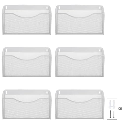 Image of EasyPAG 6 Pocket Landscape A4 Mesh Hanging Wall File Holder Mail Organiser Magazine Storage,Pack of 6,White