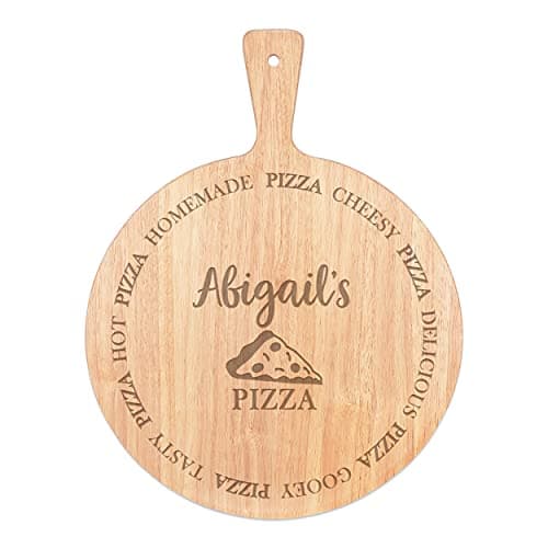 Image of Personalised Custom Pizza Board Names Circle Serving Tray Handle Paddle Round Wooden 45x34cm