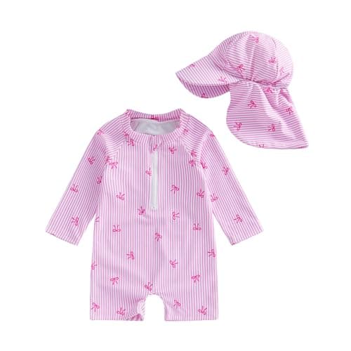 Image of XIXIMAON Newborn Baby Girl Rash Guard One Piece Swimsuit Bow Stripes Print Long Sleeve Romper Swimwear Zip Up Beachwear Sun Hat Girls Bathing Suit (Pink, 3-6 Months)