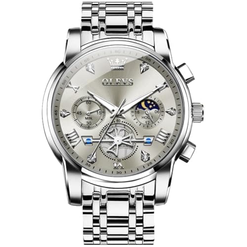 Image of OLEVS Watches for Mens Silver Stainless Steel Men's Chronograph Watches Big Face Roman Numerals Grey Tourbillon Dial Men's Watch Classic Luxury Diamond Waterproof Analog Quartz Mens Watch