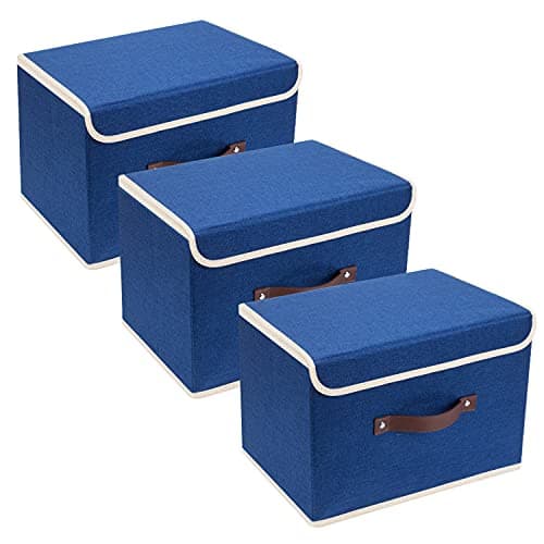 Image of TYEERS Collapsible Storage Box with Lid, Fabric Storage Box for Clothes, Wardrobe Storage, 38x25x25 cm, Set of 3, Classic Blue