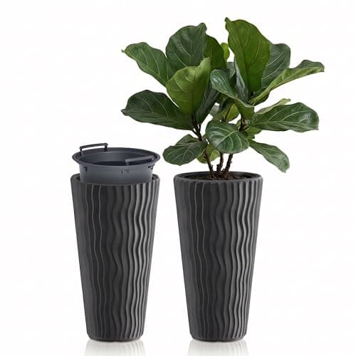 Image of GEEZY Tall Slim Wavy Plant Pot with Insert, 53.1 x 29.7 cm - Weather Resistant Anthracite Grey Indoor & Outdoor Planter - Modern Flower Pots for Home, Garden & Patio