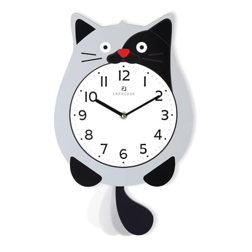Image of Lafocuse Cat Wall Clock with Swinging Tail, Cat Pendulum Clocks for Kids, Fun Kid Wall Clocks Grey Analog Battery Operated for Children Bedroom Living Room Decor, 40 x 23.5 cm