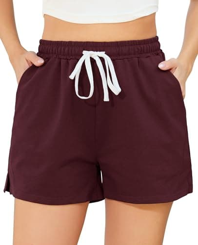 Image of Vlazom Women's Activewear Shorts with Pockets Soft Cotton Sports Shorts with Drawstring Lounge Active Bottoms for Running Gym Lounge Wine Red,M