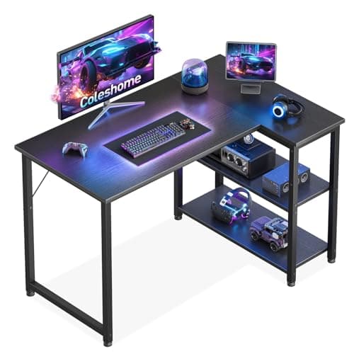 Image of Coleshome L Shaped Gaming Desk, 100x70 cm Computer Desk, Corner Office Desk with Reversible Storage Shelves, Writing Study Table for Work Play Home Office, Black