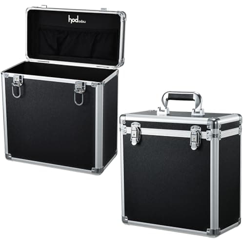 Image of Vinyl Record Storage Case LP Storage Box Record Box Portable Album Collection Display Box Water Resistant Organizer Storage Holds 50 Valuable Records 7/10/12 Inch with Mesh Bag, Black and Silver