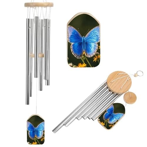 Image of Memorial Wind Chimes Deep Tone Blue Butterfly Windchimes with 6 Tuned Tubes for Garden Patio Decor Sympathy Bereavement Condolence Funeral Gifts for Loss of Loved One, 20.5"