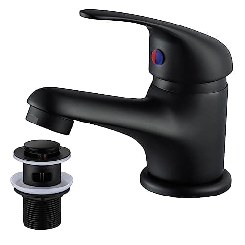 Image of WasserRhythm Black Basin Mixer Tap with Pop Up Waste Bathroom Tap Mixers Monobloc Bathroom Sink Taps Single Handle Basin Taps Faucet with Universal Hoses