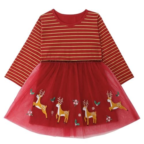 Image of MK MATT KEELY Girls Christmas Dress 2-7 Years Kids Cotton Princess Dress Toddlers Santa Claus Reindeer Outfit,Red,3 Years