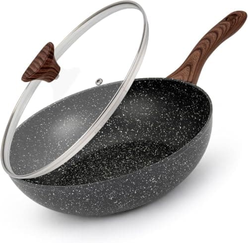 Image of LENAK 28cm / 11inch Non-Stick Wok Pan with Glass Lid & Bakelite Deep Stir Fry Saute Frying Pan with Induction Base, Gas Electric All Hobs Cooking Pan Black Marble Effect