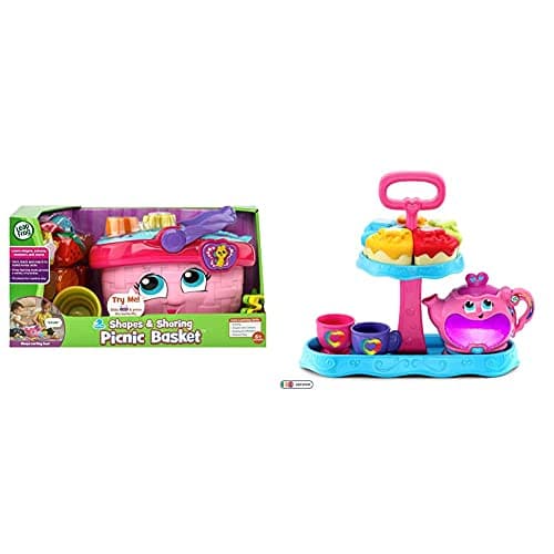 Image of LeapFrog 603603 Shapes & Sharing Picnic Basket Baby Toy Educational and Interactive 16 Pieces, Pink, One Size & 603203 Musical Rainbow Party Learning Toy and Pretend Play Educational Tea Set