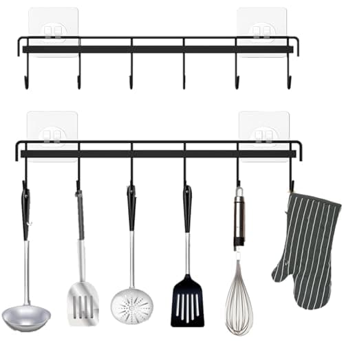 Image of FULUDM Wall Utensil Hanger for Kitchen Rail - 2 Pack Wall Mounted Adhesive Hanging Holder Rack Organizer with 6 Hooks No Drilling, Metal Material, Black