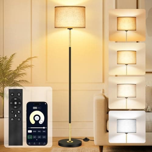 Image of OUTON Modern LED Floor Lamp with Remote & APP Control, Dimmable & 3000K-6500K Adjustable Color Temperature, Standing Lamp with Memory Function Timer for Living Room Bedroom Office (Black & Gold)