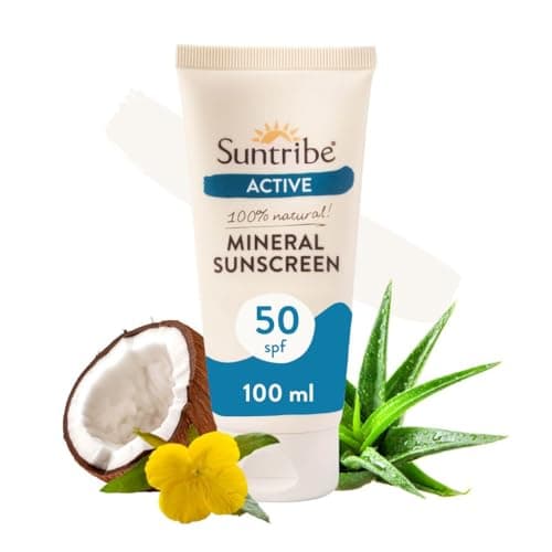 Image of Suntribe Active Natural Mineral Sunscreen SPF 50-100 ml, Organic - 100% Natural & Reef Safe, Non-Nano Mineral UV-Filters, Very Water Resistant, Sweat Resistant - White Shimmer