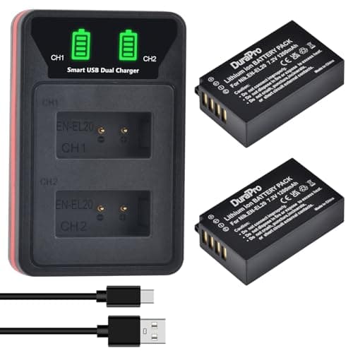 Image of DuraPro 2Pcs 1200mAh EN-EL20 EN-EL20A Battery + LCD Dual USB Charger for Nikon Coolpix P950, Coolpix P1000, P1100,Coolpix A,DL24-500,1 AW1,1 J1,1 J2,1 J3,1 S1,1 V3 Cameras