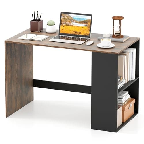 Image of COSTWAY Compact Computer Desk, Small Wooden Study Writing Workstation with Open Compartment, Modern Simple PC Laptop Table Working Desk for Home Office Bedroom (Rustic Brown+Black, 112 x 60 x 75 cm)