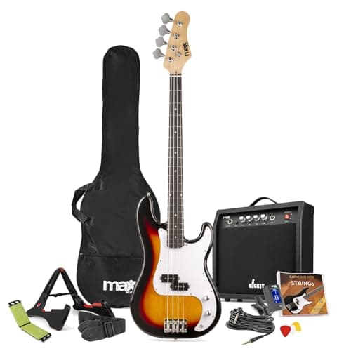 Image of Max GigKit Electric Beginner Bass Guitar Starter Pack with String Cleaner, 40W Amp, Sunburst, Full Set for Immediate Play, Ideal Guitar Kit for Beginners & Practice