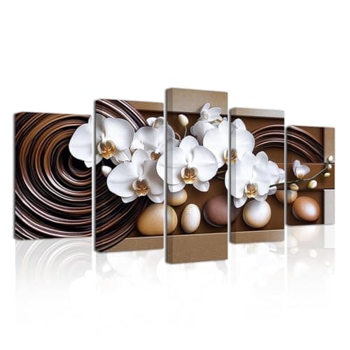 Image of LZIMU Large Flowers Canvas Wall Art 5 Pieces White Orchid Picture Prints Abstract Floral Painting Framed Artwork for Home Bathroom Decor (Brown, 8"x14"x2 8"x18"x2 8"x22"x1)